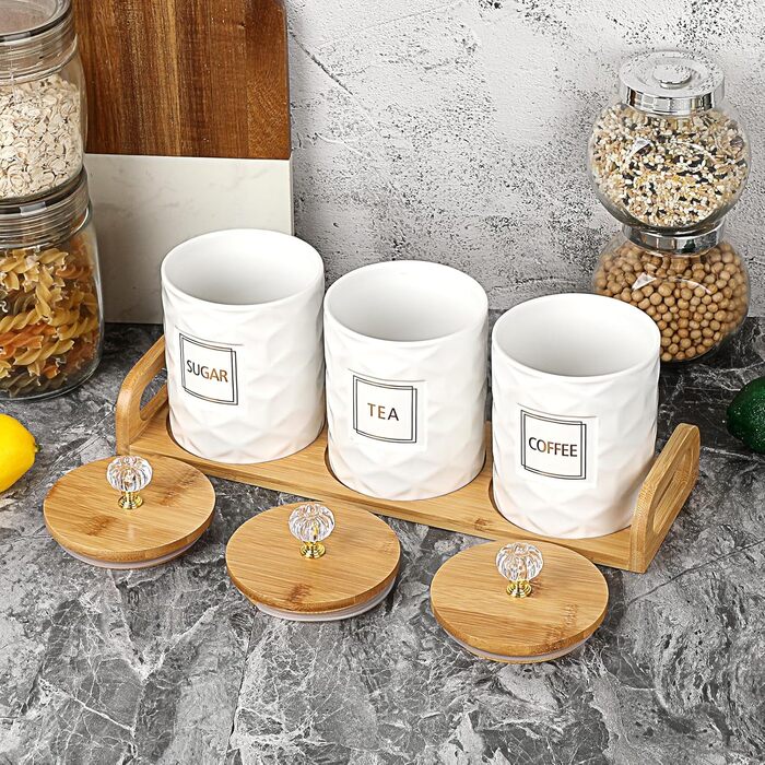 Набір керамічних контейнерів для зберігання, біла керамічна банка з бамбуковою кришкою та підносом, герметичні контейнери для зберігання продуктів на кухонній стільниці, 3 контейнери для цукру, кави, чаю, місткістю 1 літр кожен