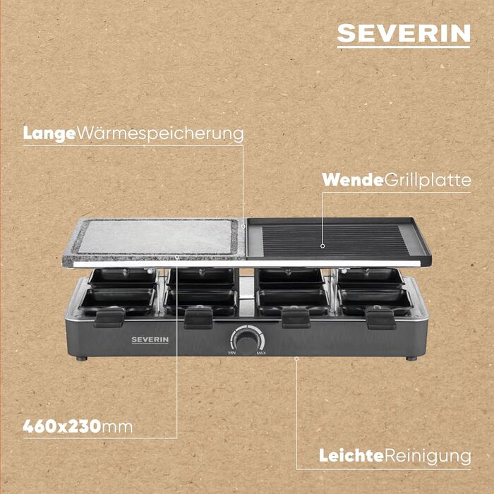 Гриль SEVERIN Raclette з натуральним каменем гриля та пластиною для гриля, раклет з антипригарною пластиною для гриля та 8 сковородами, настільний гриль на 8 осіб, макс. 1300 Вт, чорний, поворотний регулятор RG 2371 з індикатором
