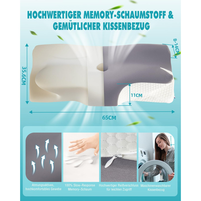 Ортопедична подушка IDEA, подушка для шиї, подушка для голови від болю в шиї, ергономічна подушка з піни з ефектом пам&39яті, подушка для сну на боці, спині та животі - полегшення для шиї та сну (257-a) 65 x 36 x 11/14 см