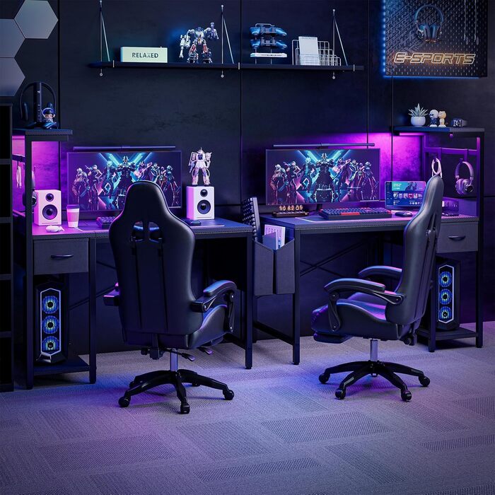 Ігровий стіл Grandder, 120x50 см, ігровий стіл з розеткою та світлодіодним освітленням, комп&39ютерний стіл з двосторонніми полицями та шухлядою, ПК-стіл для домашнього офісу з відділенням для зберігання, чорний колір під карбон 120 x 50 см, чорний