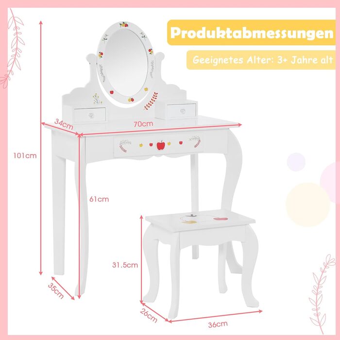 В 1 макіяжний столик зі стільчиком, дитячий макіяжний столик з обертовим та знімним дзеркалом, міцний письмовий стіл з 3 шухлядами