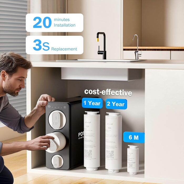 Система зворотньоосмотичної фільтрації води Frizzlife RO - 1200 GPD Швидкий потік під раковиною RO фільтр для води, 11-ступінчастий безрезервуарний, 31 Pure to Drain, Reduces TDS PFAS, PD1200