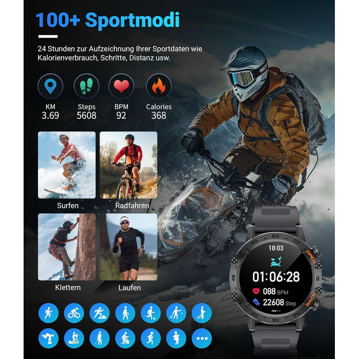 Чоловічий смарт-годинник LIGE з функцією телефону, 1,39-дюймовий військовий смарт-годинник з 24-годинним серцевим ритмом, артеріальним тиском, тривалістю сну, понад 100 спортивними режимами, фітнес-годинник, понад 300 циферблатів, водонепроникний IP67, чо