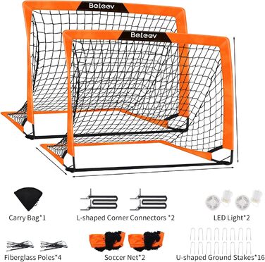 Дитячі футбольні ворота BELEEV для саду 4x3/6x4 фути, високоякісний портативний складний комплект футбольних воріт зі світлодіодними ліхтарями, скловолокнистими стійками, сумкою для перенесення, для тренувань у приміщенні та на відкритому повітрі, подарун