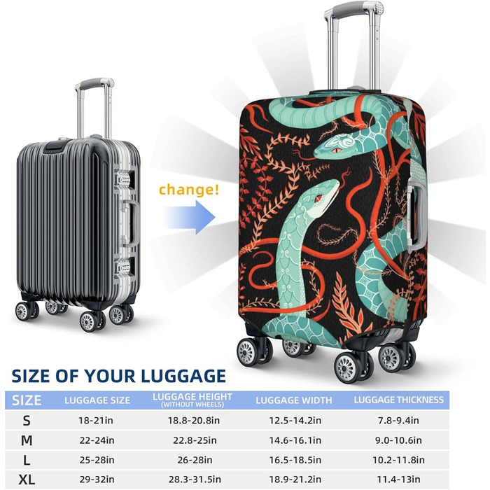 Чохол для валізи Змія та квіти - еластичний захист від подряпин та пилу, чорний, розмір 80