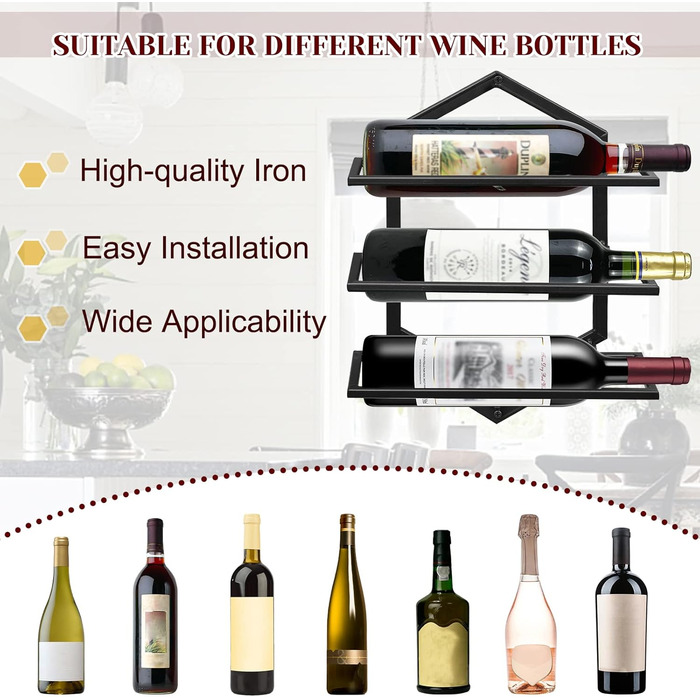 Металева настінна винна стійка, підвісний тримач для винних келихів, підставка-органайзер для 3 пляшок, винна стійка, червона винна стійка для дому, кухні, бару, декору, чорного кольору B2, 2 шт.