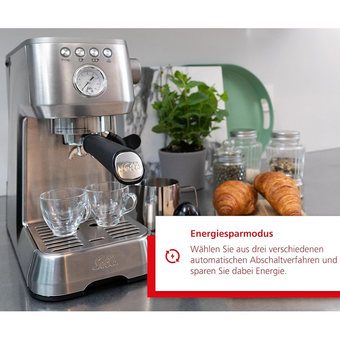 Еспресо-машина Solis Barista Perfetta Plus V2, напівавтоматична кавоварка з піноутворювачем молока, програмована кавоварка зі знімним резервуаром для води, функцією гарячої води та пари, срібло