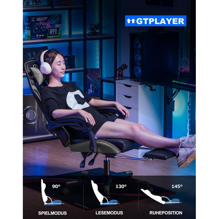 Ігрове крісло GTPLAYER - Ергономічне офісне крісло з регульованою поперековою опорою/підголівником та підставкою для ніг, вантажопідйомність 150 кг, сірий Ігрове крісло, крісло для ПК, письмове крісло