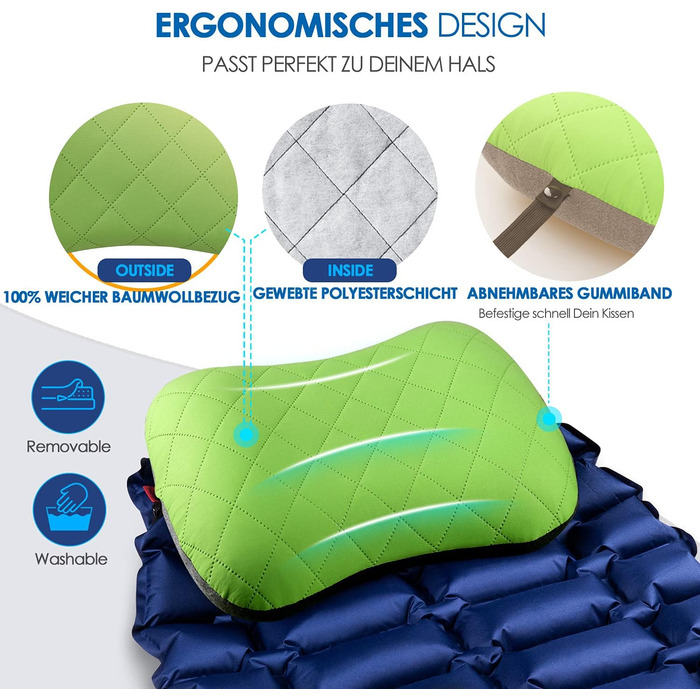 Надувна подушка для кемпінгу/подорожей HIKENTURE зі знімною наволочкою, ергономічна подушка для голови, зручна подушка для шиї для подорожей/використання на свіжому повітрі, надувна подушка для шиї для подорожей (зелена).