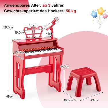 Клавішна дитяча клавіатура, електронне дитяче піаніно зі стільчиком, регульованим мікрофоном та пюпітром, дитяча фортепіанна клавіатура для дітей від 3 років (червона), 37-