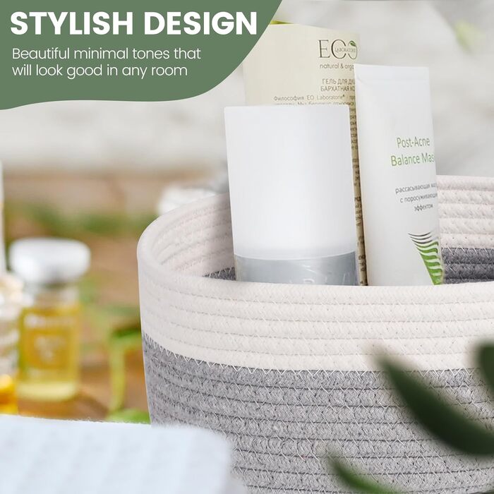 Кошик для зберігання з бавовняної мотузки, набір з 5 шт. , кошик для зберігання, органайзер для пеленального столу, кошик для зберігання у ванну кімнату, дитячу кімнату, пеленальний столик, білий та сірий.