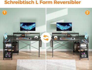 Ігровий стіл Coleshome L-подібної форми зі світлодіодним освітленням та розетками, кутовий стіл 120x80 см з полицею, двосторонній L-подібний стіл, чорний з підставкою для монітора, кутовий стіл для офісу/кабінету, чорний, 120x80x87 см