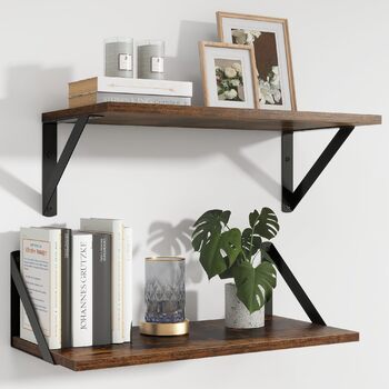 Плаваюча полиця, глибина 20 см, настінна полиця шириною 40 см, комплект із 2 настінних полиць з металевими кронштейнами, книжкова полиця з ДСП для ванної кімнати, вітальні, кухні, вінтажно-коричневий колір, 40 x 20 x 12,5 см