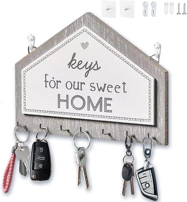 Дерев'яна ключниця Echehi з 7 гачками, самоклеюча або свердлильна, двостороння установка, ключниця, ключниця для дому (сіра) 7 сір