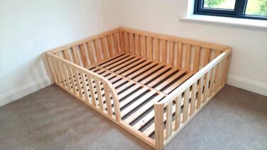 Ліжко Монтессорі, підлогове ліжко з рейковою основою, ліжко з захисними поручнями, дитяче ліжко, дерев&39яне ліжко з каркасом для хлопчиків та дівчаток, 160x90 см, натуральне дерево 160x90 см натуральне дерево - отвір для ліжка праворуч