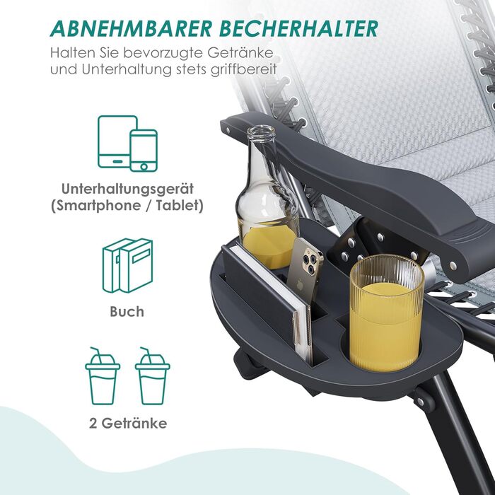 Складаний шезлонг з парасолькою, підголівником та тримачем для напоїв для саду, басейну та пляжу (сірий)