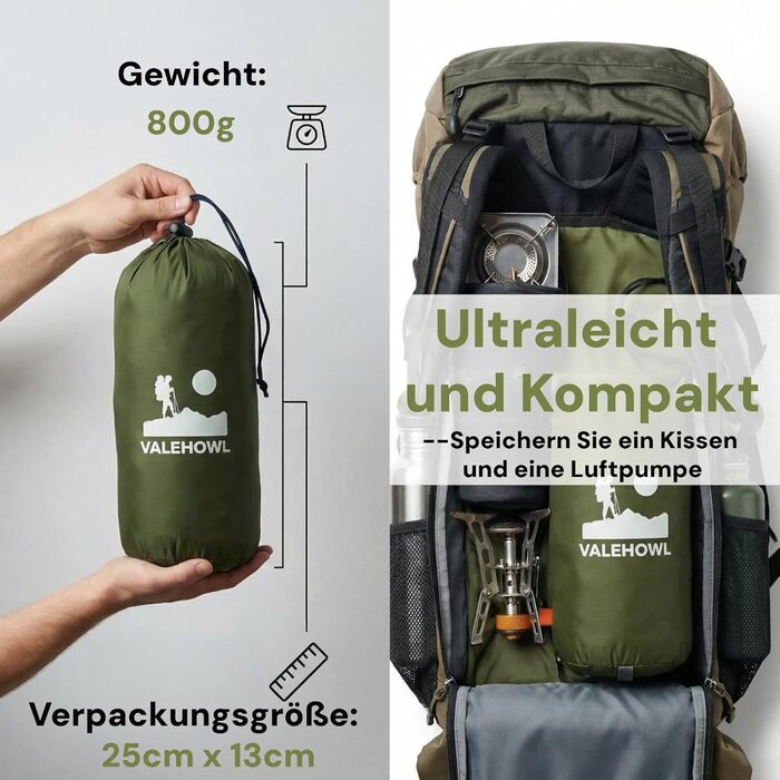 Надлегкий надувний килимок для кемпінгу 800 г R-значення 3.0 на 4 сезони, міцний водонепроникний надувний матрац для походів, трекінгу, використання на природі у військових цілях, зелений, одномісний