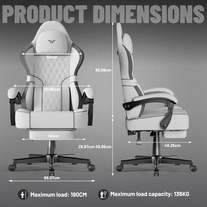 Ігрове крісло Soontrans з масажною поперековою опорою, м&39яке ігрове крісло, ергономічне ігрове крісло з підставкою для ніг, бавовна, регульована спинка 90-160, ігрове крісло (біле), суміш бавовни та льону, білий