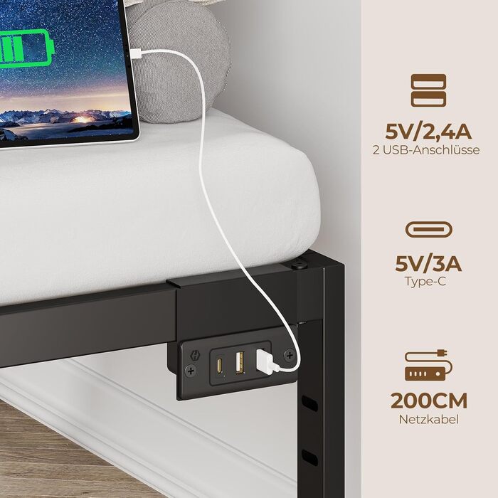 Каркас ліжка Rolanstar 180x200 см, двоспальне ліжко з функцією зберігання та міцними сталевими ламелями, легке складання, 31 см місця для зберігання під ліжком, металеве ліжко для спальні/гостьової кімнати 180 x 200 см