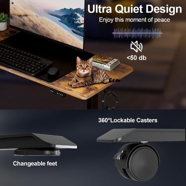 Стіл з регулюванням висоти 140 x 60 x (70-115) см, електричний стіл з регульованою висотою та портом зарядки USB-A/C, функцією пам&39яті, захистом від зіткнень, зрощеною стільницею, вінтажно-коричневий, з портом зарядки USB-A/C, килимками для миші, гачкам