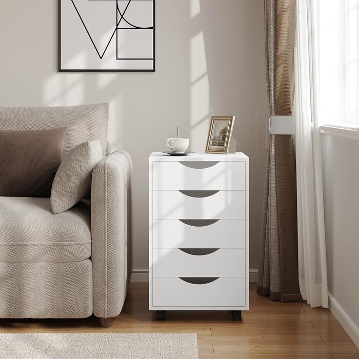 Контейнер на колесах WOLTU з 5 шухлядами, мобільна шафа для документів на колесах, блок з шухлядами, офісна шафа, офісний контейнер, тумба для столу, для домашнього офісу, білий, 40x66,5x40 см, ASK14ws