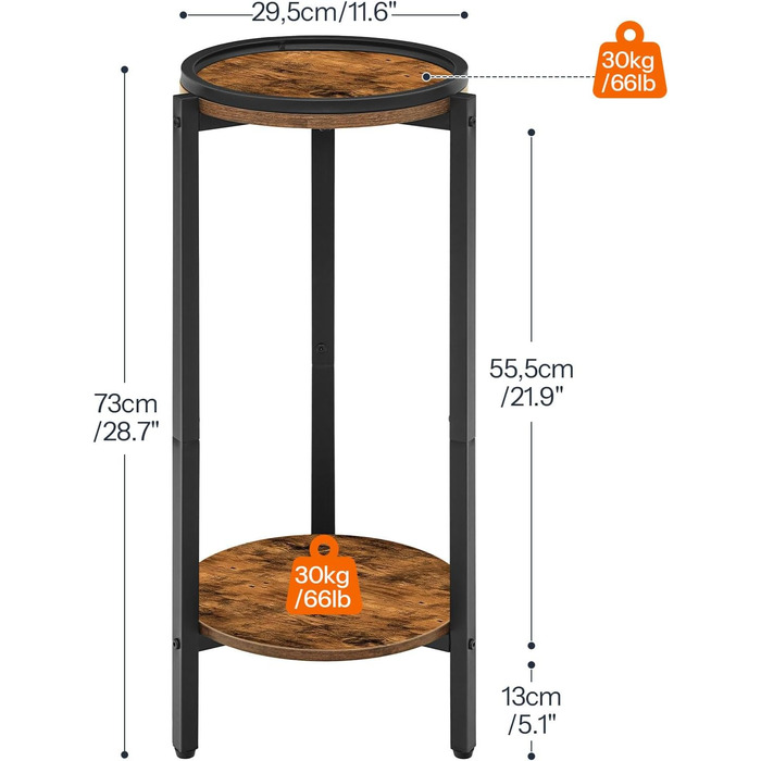 Журнальний столик HOOBRO, маленький столик, 2-ярусний круглий журнальний столик, столик-диван, столик для напоїв, для невеликих приміщень, вітальні, спальні, вінтажний коричневий та чорний EBF167BZ01
