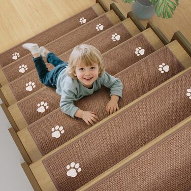 Сходинки для внутрішніх сходів, нековзні з гумовою основою, без залишків, підходять для дітей, людей похилого віку та домашніх тварин, можна прати в пральній машині, 20,3 x 76,2 см, коричневі