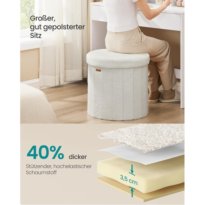 Колекція SONGMICS Mazie Круглий пуф для зберігання речей, пуф для ніг з місцем для зберігання, складний пуф зі знімною кришкою, легке складання, фліс, для гуртожитку, спальні, вітальні, кремово-білий LSF606W01 Фліс кремово-білий