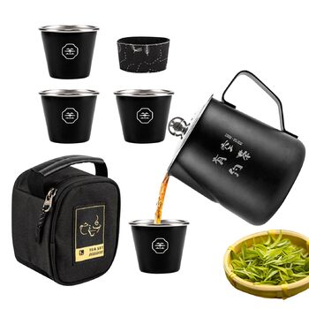 Набір для чаювання в дорозі, нержавіюча сталь дорожній чайний сервіз для дорослих, аксесуари для подачі, для кемпінгу, 4 чашки, термостійкий