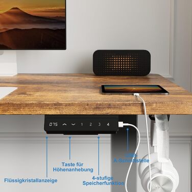 Стіл Devoko з регульованою висотою та 2 двигунами, цільна стільниця 25 мм, 160x80 см, мобільний електричний комп&39ютерний стіл з організацією кабелів, вінтажний коричневий - ідеальна ергономіка для вашого офісу, вінтажний коричневий чорний, 157x77 см