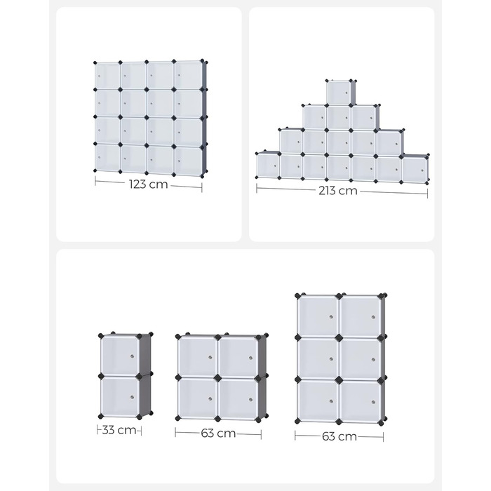 Система полиць, Взуттєва полиця, Набір із 16 кубів, Пластикова шафа з дверима, Модульні полиці, Місце для зберігання одягу, взуття та книг, Легке складання, Сірий LPC443G01 16 кубів (123Ш x 123В см) Сірий