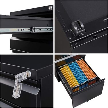 Мобільна шафа для документів, що замикається, офісна шафа, металева шафа, картотечна шафа, шафа для зберігання речей, бічна шафа, шафа з шухлядами, офісний комод для документів, 39 x 50 x 62 см, чорний, 3 шухляди