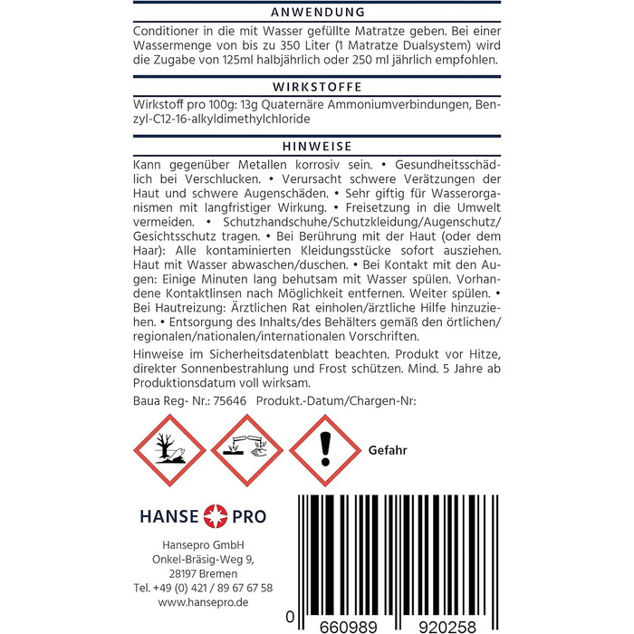 Кондиціонер для водяних ліжок Hanse Pro, 4 x 250 мл I Кондиціонер для водяного ліжка I Догляд I Очищення I Захист I Кондиціонер I Підходить для всіх водяних ліжок