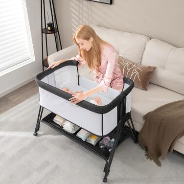 Дитяче ліжечко DREAMADE, 7-рівневе регульоване по висоті дорожнє ліжечко з матрацом та колесами, складне дитяче ліжечко з регульованим кутом нахилу, для дітей 0-6 місяців та вагою до 9 кг (темно-сіре)