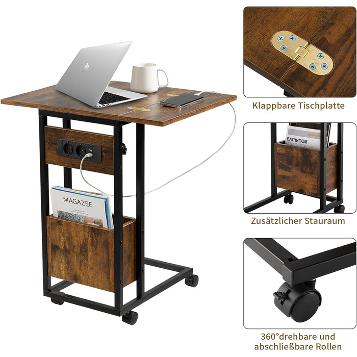Приставний столик Hadulcet для дивана, С-подібний приставний столик, розкладна стільниця, столик для ноутбука з колесами, зарядна станція, вузький приставний столик для вітальні, спальні, висота 70 см, приставний столик темно-коричневого кольору