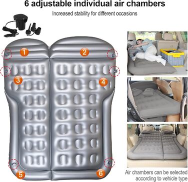 Надувний матрац Vinteky, надувний автомобільний матрац/ліжко з електричним повітряним насосом та 2 подушками, універсальний автомобільний матрац для багажника та позашляховика, для кемпінгу/подорожей/відпочинку на природі, 175 см x 130 см, сірий