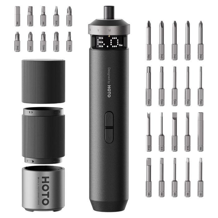 Електричний Шуруповерт з Інтелектуальним Дисплеєм, 6 Режимів Моменту (0.5-6 Нм), Набір Біт 1/4 (30 шт.), Акумулятор 2000 мАг, USB-C, для Електроніки та Домашнього Ремонту