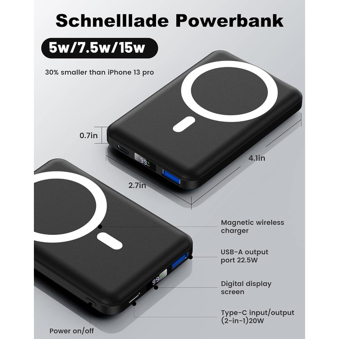 Зі світлодіодним дисплеєм і зарядним кабелем USB-C Акумулятор для iPhone 16 15/14/13/12/Mini/Pro/Pro Max, 10000mAh Wireless Magnetic Power Bank 22,5W PD Fast Charging