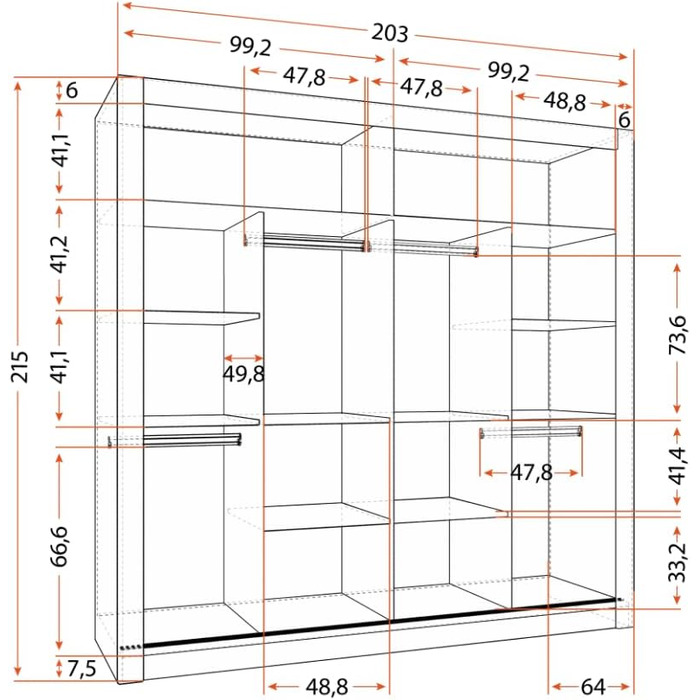 Шафа з дзеркалом - Шафа з розсувними дверима - Шафа для спальні - 64 x 203 x 215 см - Шафа для вітальні - Вішалка для одягу, Шафа з двома дверима, Сучасна 200 см Чорного кольору