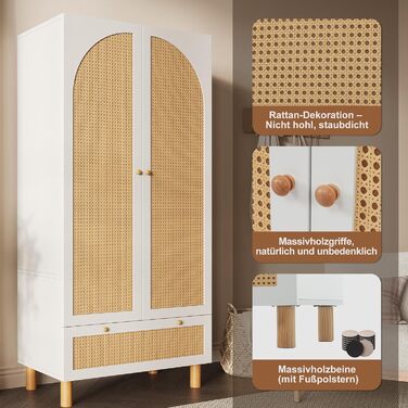 Шафа EMKK з 2 дверима, плетена шафа з ротанга, багатофункціональна шафа в сільському стилі, гардеробна-шафа, з великою шухлядою, біла, 180x85x52 см (В/Ш/Г)