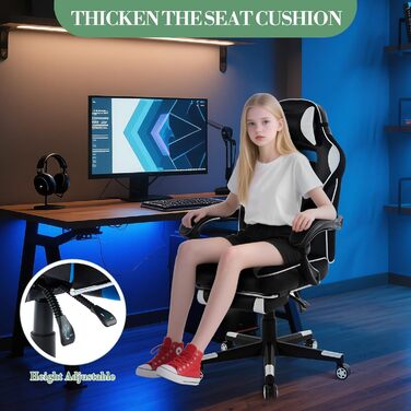 Геймерське крісло з ергономічною спинкою, регульованим нахилом та висотою, офісне крісло з поперековою опорою, м&39якою спинкою та висувною підставкою для ніг