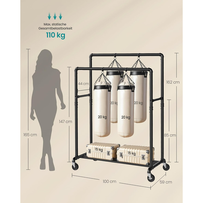 Вішалка для одягу SONGMICS, Штанга для одягу, Гардеробна підставка з 2 шт. ангами для одягу та полицею, Колеса, Вантажопідйомність до 110 кг, Промисловий дизайн, для спальні, Гардеробної, Чорний HSR60B Чорна одинарна рейка