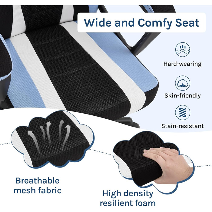 Ігрове крісло WOLTU для дітей, ергономічне дитяче робоче крісло зі спинкою та підлокітниками, для дитячих кімнат, з універсальними колесами та колесами з обважнювачами, сітчаста тканина, синій колір