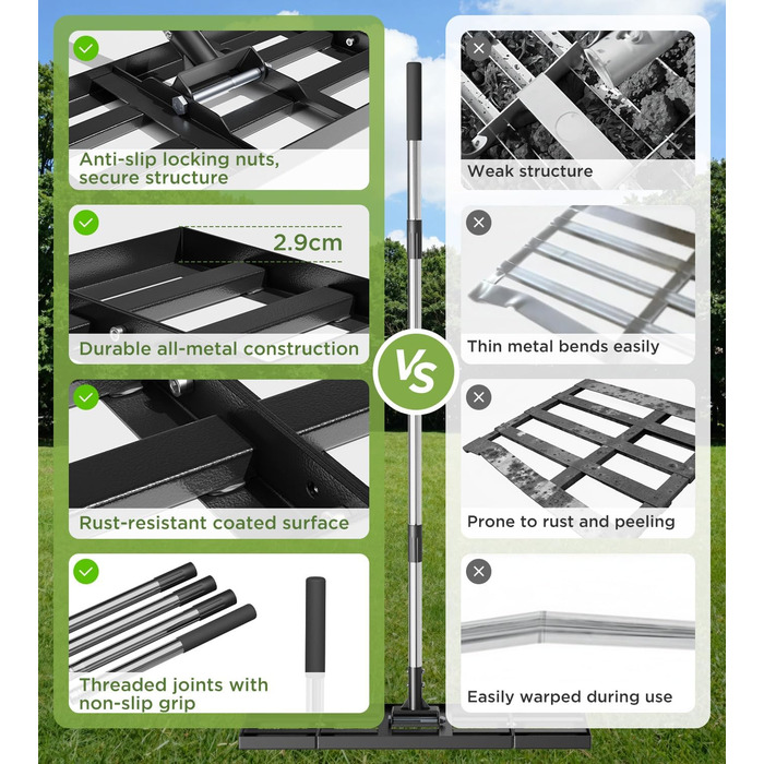 Вирівнювач для газону 75x25 см з регульованою ручкою, граблі-рівняльник з нержавіючою сталевою ручкою 180 см, міцний та енергозберігаючий вирівнювач для саду, подвір'я, гольф-поля, легке вирівнювання піску та ґрунту 75 x 25 см