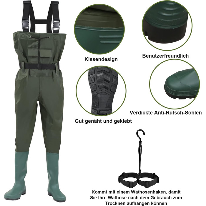 Вейдерси, водонепроникні рибальські вейдерси з нейлону 70D, композитні ПВХ, рибальські штани з нековзними гумовими чобітьми, вейдерси для ставка, вейдерси для захисту від повені, для будівельних майданчиків, риболовлі, ферм, садів, розмір 45 з гачками