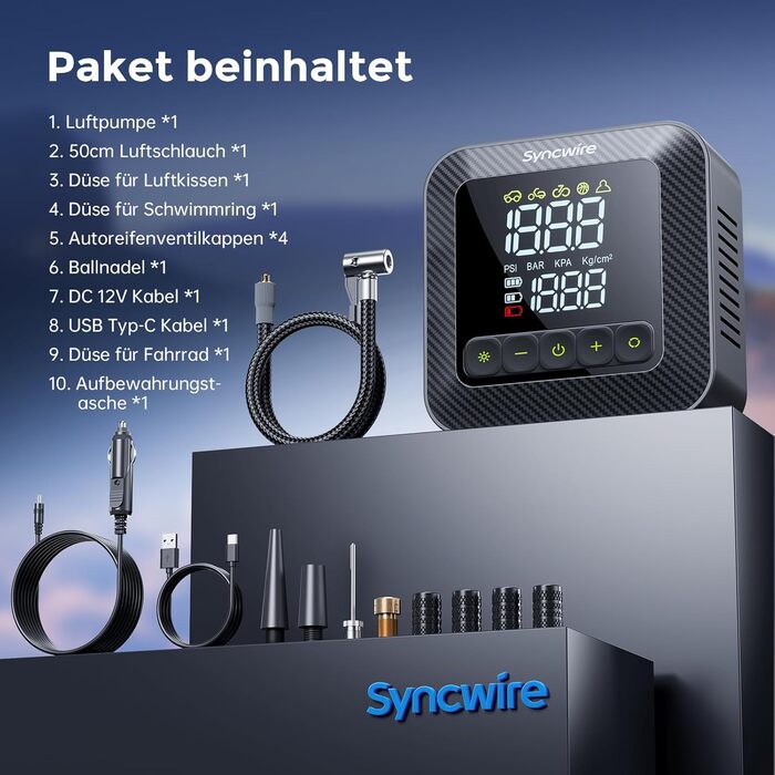 Портативний повітряний компресор Syncwire Air Pump 10,35 бар Насос для шин у 3 рази швидший Електричний повітряний насос Автомобільний насос для шин Автомобільний насос для кількох режимів, з кришками клапанів для автомобільних шин, надзвичайно великий РК