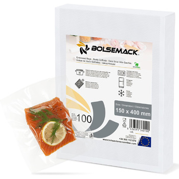 Вакуумні пакети BOLSEMACK 15x40см - Вакуумні пакети 100 шт. для всіх вакуумних упаковувачів та харчових вакуумних упаковок - Вакуумні пакети дуже міцні та стійкі до розриву - Вакуумні пакети харчові без BPA Тиснений пакет Вакуумна упаковка