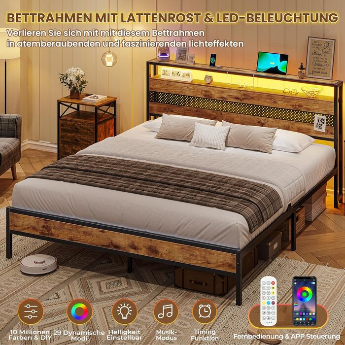 Ліжко 140x200 з металевою рейковою основою, металевий каркас ліжка з розеткою та функцією зарядки через USB, двоспальне ліжко з місцем для зберігання речей, підлогове ліжко, дитяче ліжко, каркас ліжка для спальні та гостьової кімнати (140x200 см)