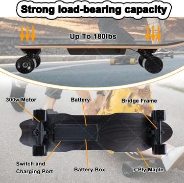 Електричний скейтборд з пультом дистанційного керування, водонепроникний лонгборд, 7-шаровий клен, запас ходу 15 км, максимальна швидкість 25 км/год, лонгборд для початківців C