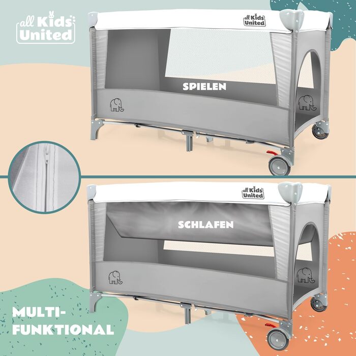 Дитяче ліжечко-дорожнє ліжечко all Kids United - Дитяче ліжечко Babycenter з матрацом, пеленальний килимок, музична іграшка та мобіль (сірий)